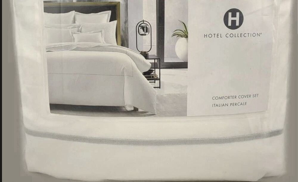 Hotel Collection Italian Percale KING Duvet Cover Only. White / Silver